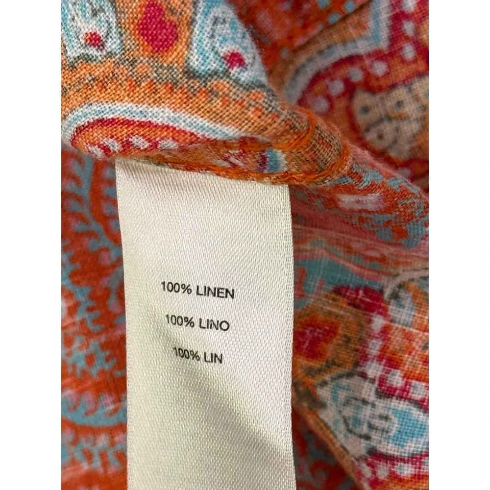 Chicos No Iron Linen Paisley Button Down Shirt Orange Blue Size 1 Medium